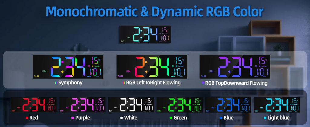 Büyük Dijital Duvar Saati | LED Ekran | Uzaktan Kumandalı | 8 RGB Renk | Çift Alarm