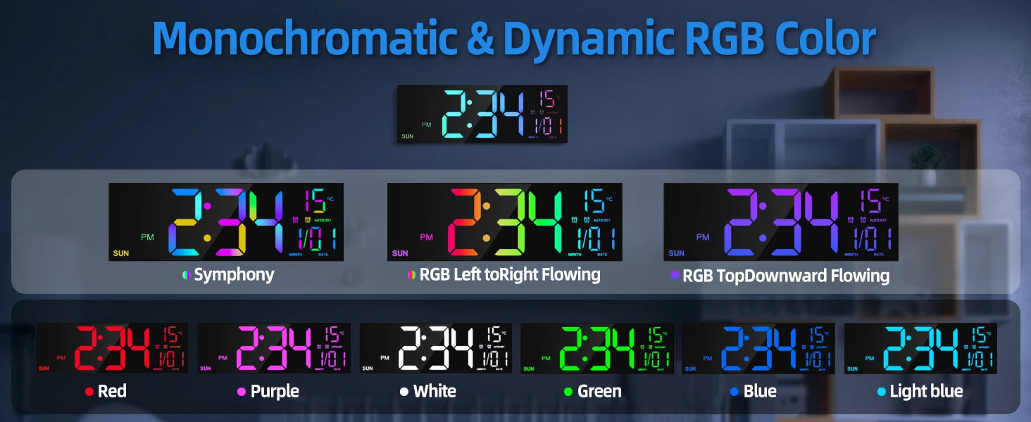 Büyük Dijital Duvar Saati | LED Ekran | Uzaktan Kumandalı | 8 RGB Renk | Çift Alarm