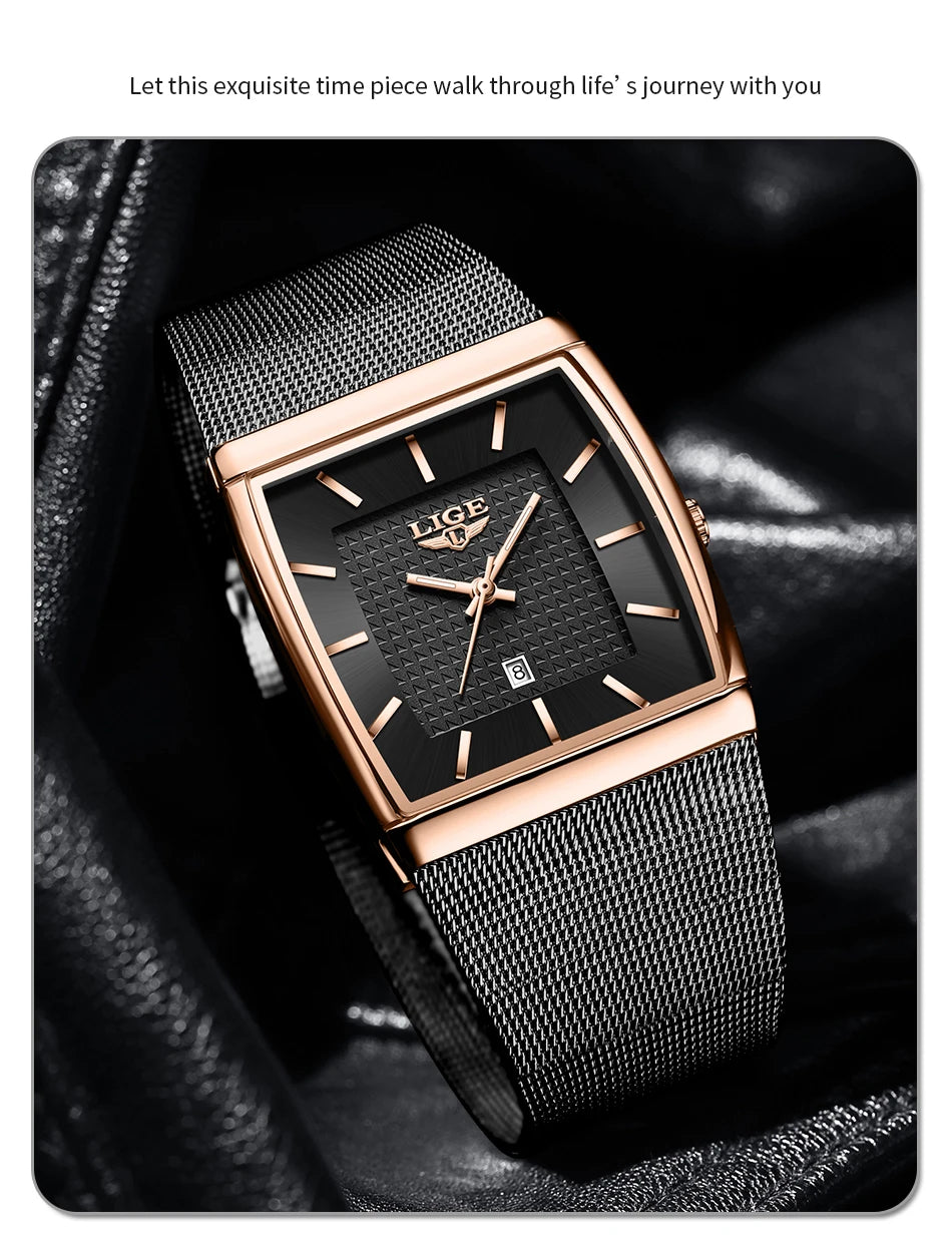 LIGE New Luxury Square Watch For Men Fashion Business Rose Gold Ultra Thin Mesh Waterproof Luminous Men's Quartz Wristwatches