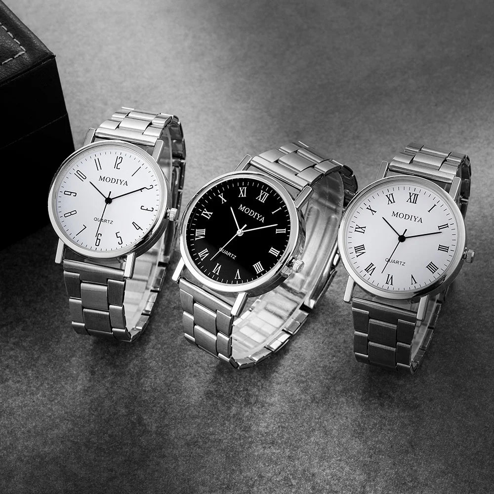 2PCS Men's Watch Casual Silver Alloy Band Male Quartz Watches Bracelet Set（Without Box）