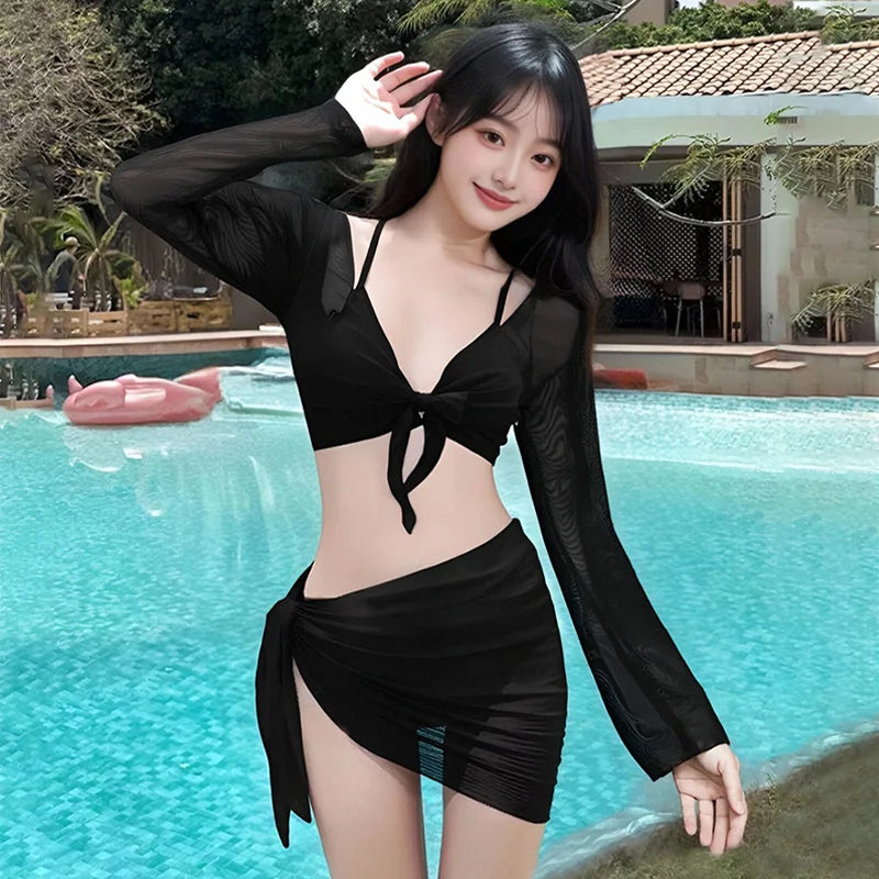 2026 New Women's Big Red Whitening Pure Desire Sexy Bikini Four Piece Set Long Sleeve Sunscreen Hot Girl Swimsuit