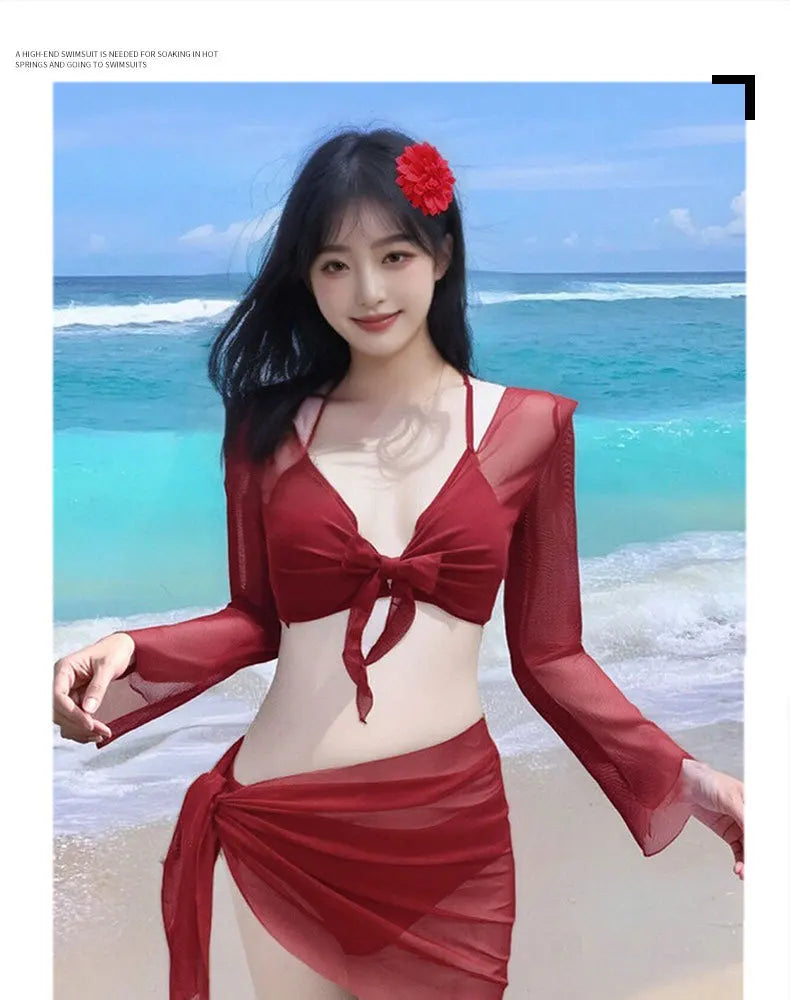 2026 New Women's Big Red Whitening Pure Desire Sexy Bikini Four Piece Set Long Sleeve Sunscreen Hot Girl Swimsuit