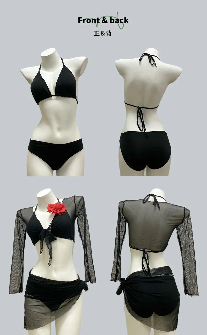 2026 New Women's Big Red Whitening Pure Desire Sexy Bikini Four Piece Set Long Sleeve Sunscreen Hot Girl Swimsuit