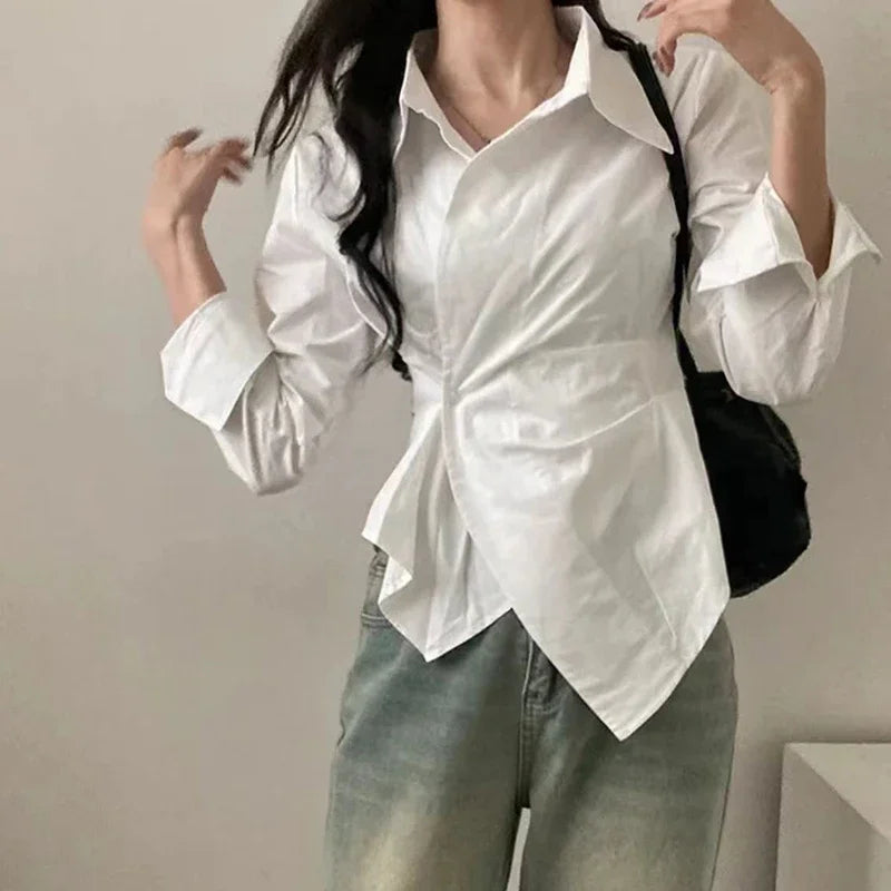 Korean Fashion Striped Shirts Women Long Sleeve Vintage Blouse Women Aesthetic Office Lady Irregular 2000s Female Tops New
