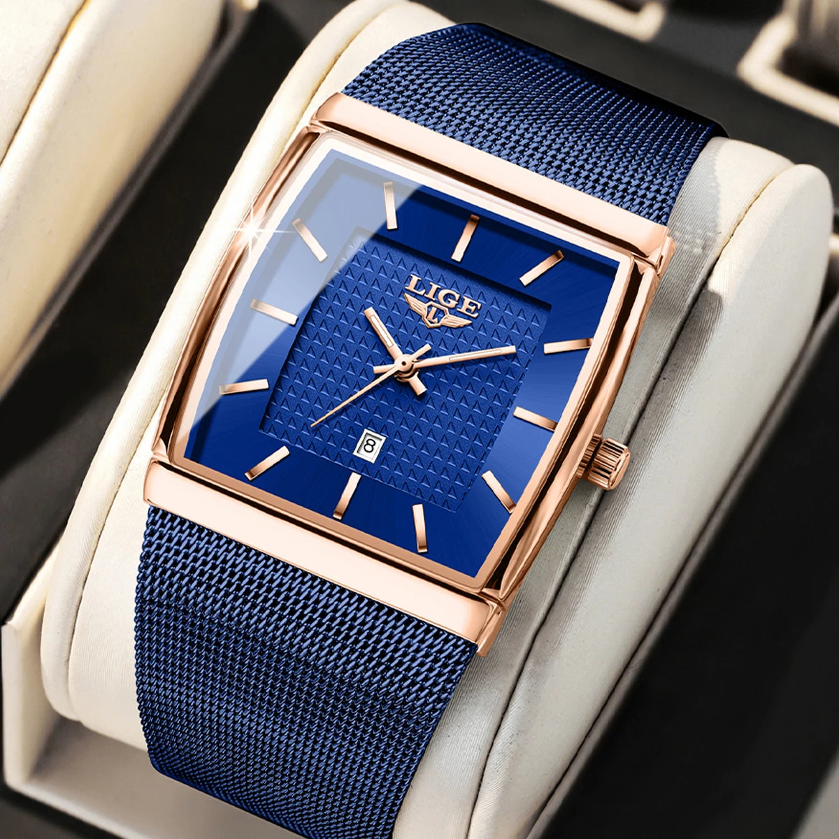 LIGE New Luxury Square Watch For Men Fashion Business Rose Gold Ultra Thin Mesh Waterproof Luminous Men's Quartz Wristwatches