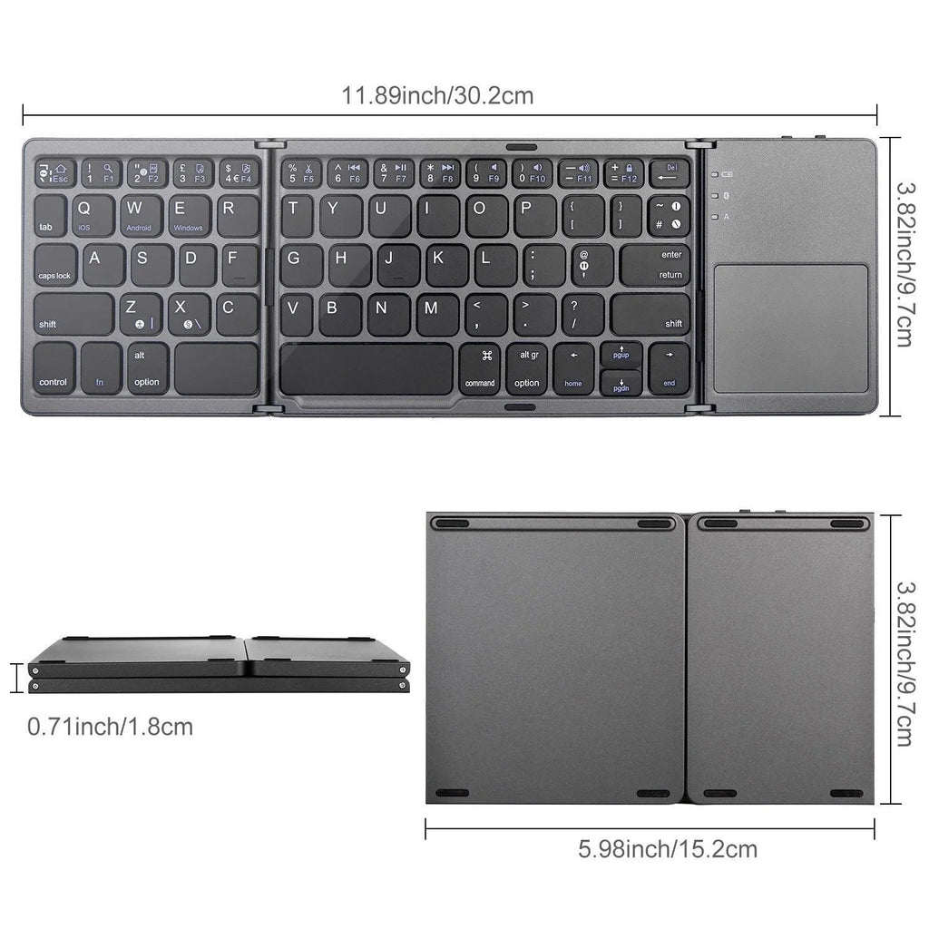 Triple Folding Wireless Keyboard Slim Touchpad Bluetooth Keyboard Rechargeable Foldable Keyboard for Tablet Laptop