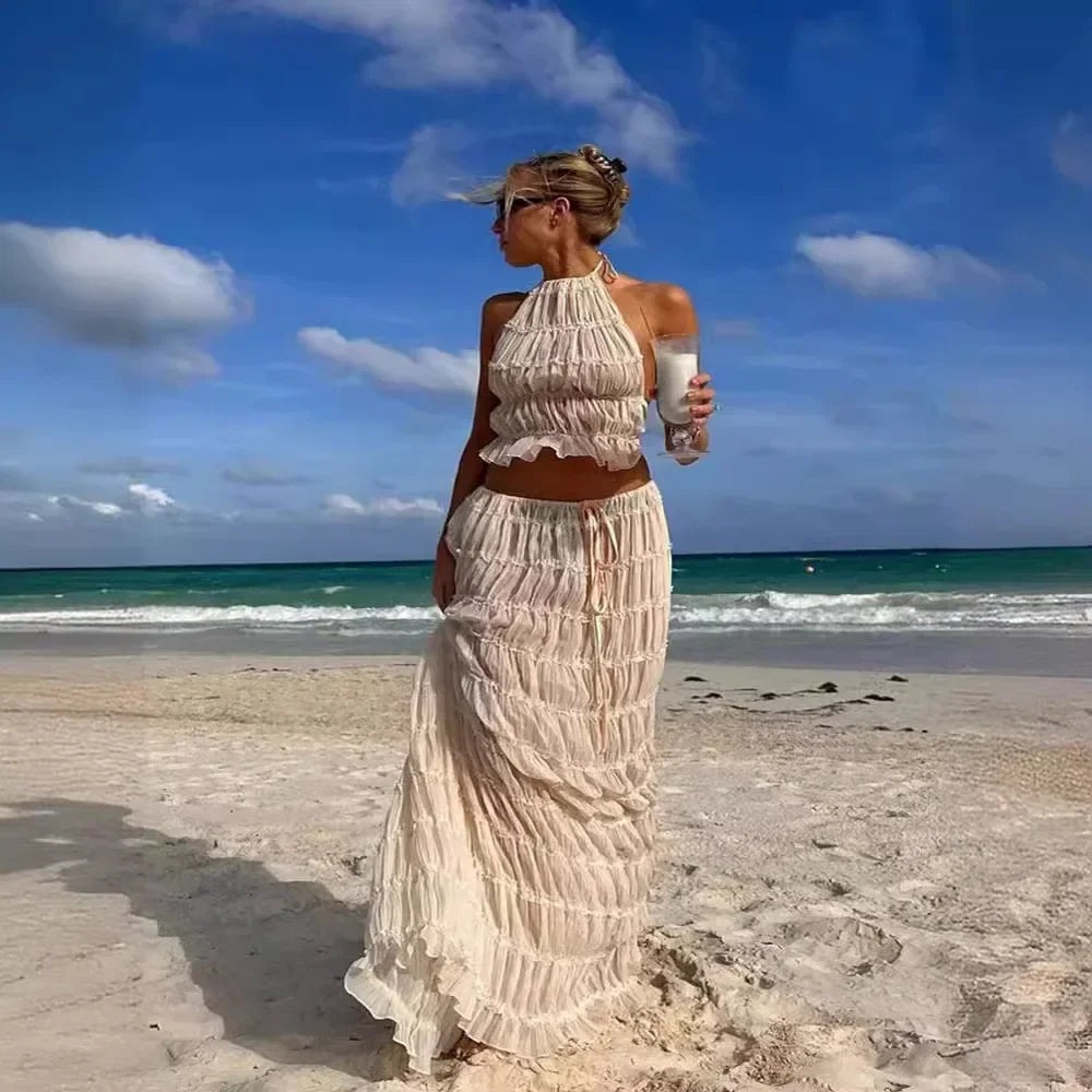 Summer New Sexy Halter Neck Pleated Lace Vest Dress Set for Women