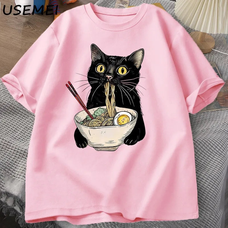 Noodle Lamian Noodles Cat T-shirt Food Lover T-shirt Black Cat Noodle Printed Men's and Women's T-shirt Vintage Casual T-shirt