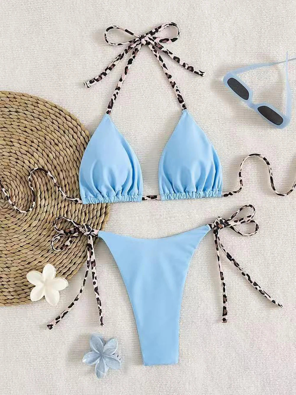 Women's Sexy Solid Halter Bikini Set Lace-Up Low Waist Two-Piece Triangle Thong Swimwear Leopard Tie On Side Brazilian Biquinis