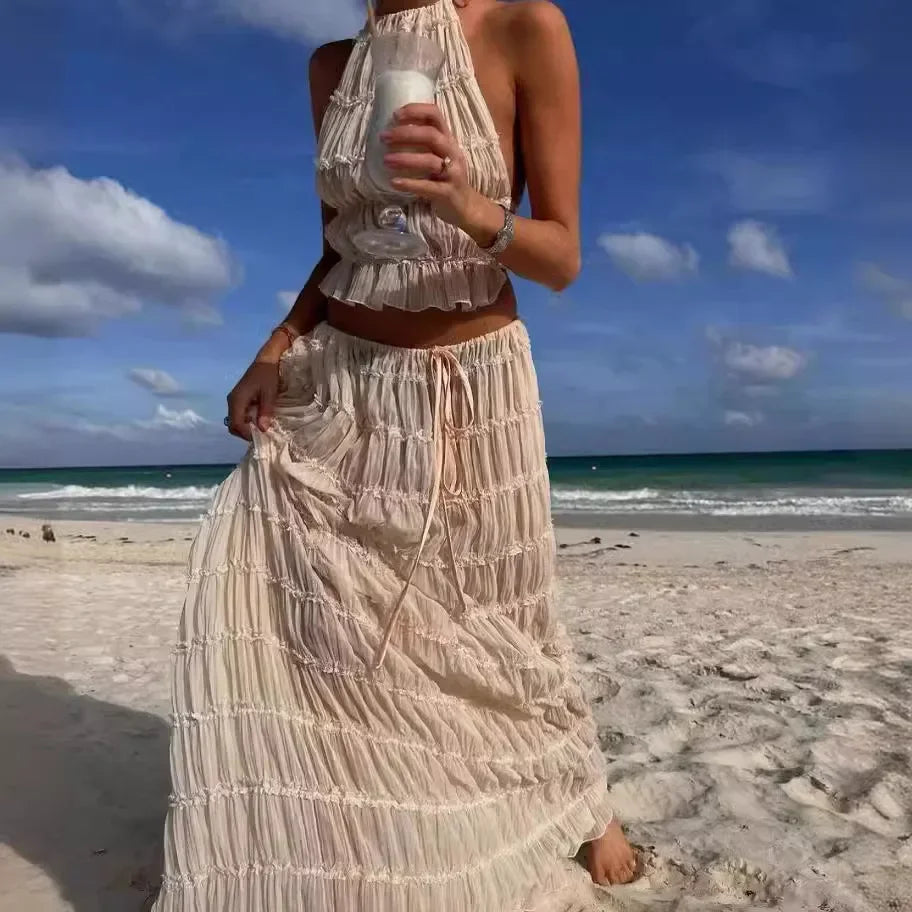 Summer New Sexy Halter Neck Pleated Lace Vest Dress Set for Women