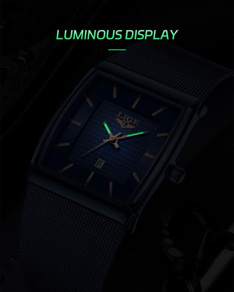 LIGE Top Luxury Watch For Men Stainless Steel Mesh Date Waterproof Luminous Man Wristwatch Casual Rectangle Quartz Men's Watches