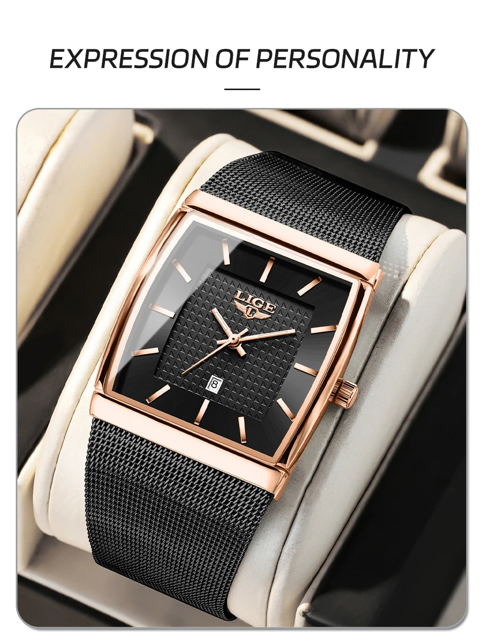 LIGE New Luxury Square Watch For Men Fashion Business Rose Gold Ultra Thin Mesh Waterproof Luminous Men's Quartz Wristwatches