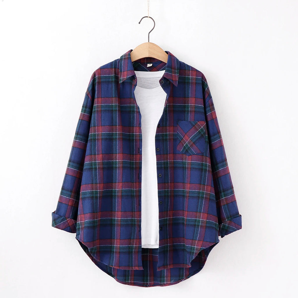 Fresh Flannel Plaid Shirt Women 2026 New Female Blouses and Tops Cotton Loose Long Sleeve Casual Shirts Fine Women's Clothes