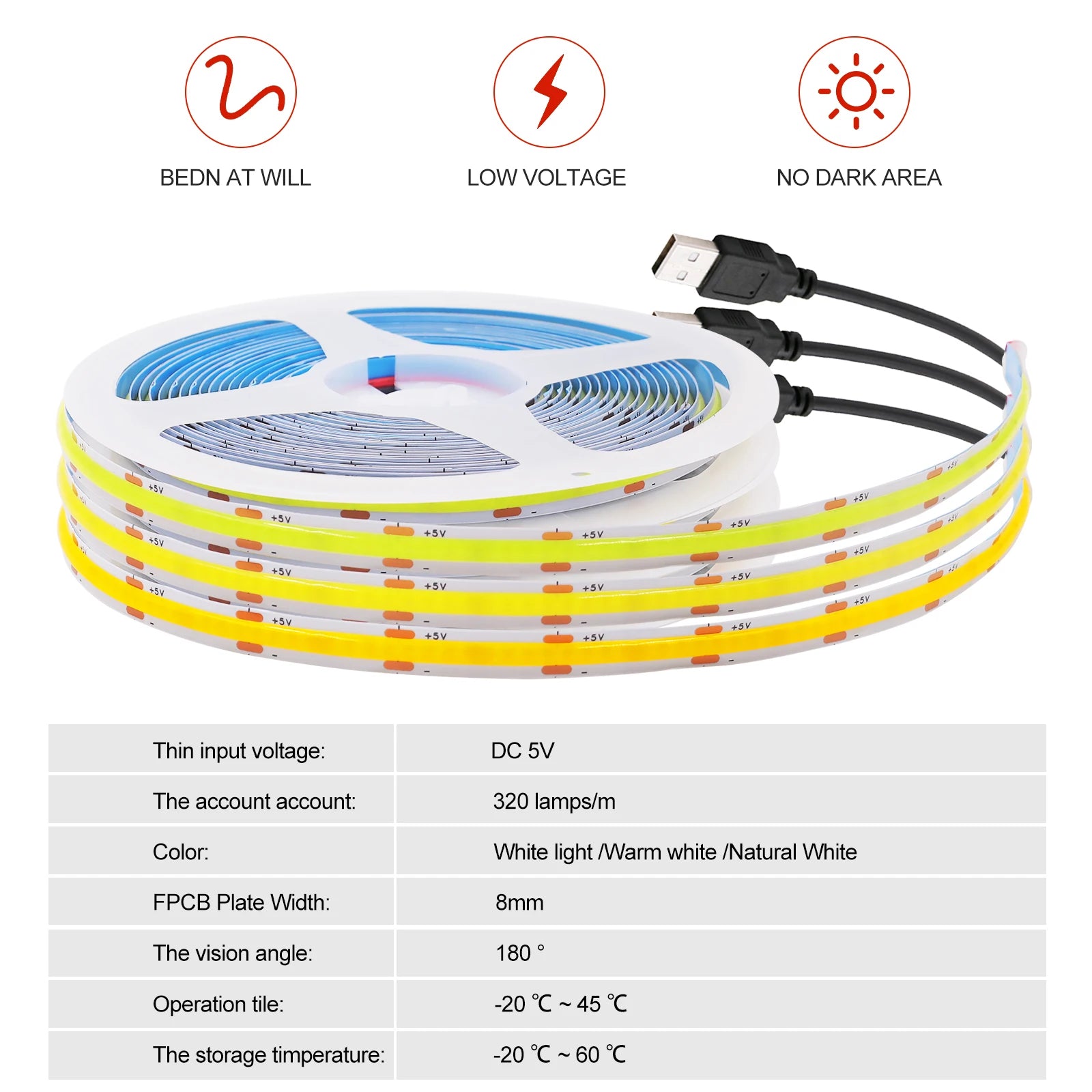 USB COB Strip Light 5V | 320 LED/m | Flexible Adhesive Tape | TV Backlighting