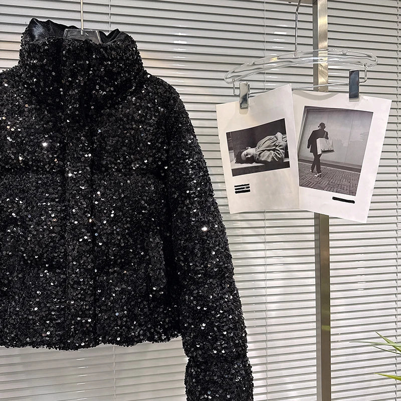 DEAT 2025 Winter New Fashion Heavy Industry Colorful Sequin Stand Collar Warm Jacket For Women Cotton-padded Coat 11A07258