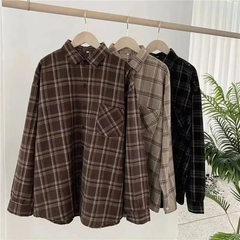 Plaid shirt women long sleeve retro port taste loose size women Korean version of the spring wear student jacket