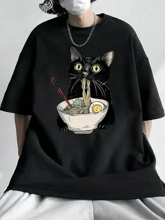 Noodle Lamian Noodles Cat T-shirt Food Lover T-shirt Black Cat Noodle Printed Men's and Women's T-shirt Vintage Casual T-shirt