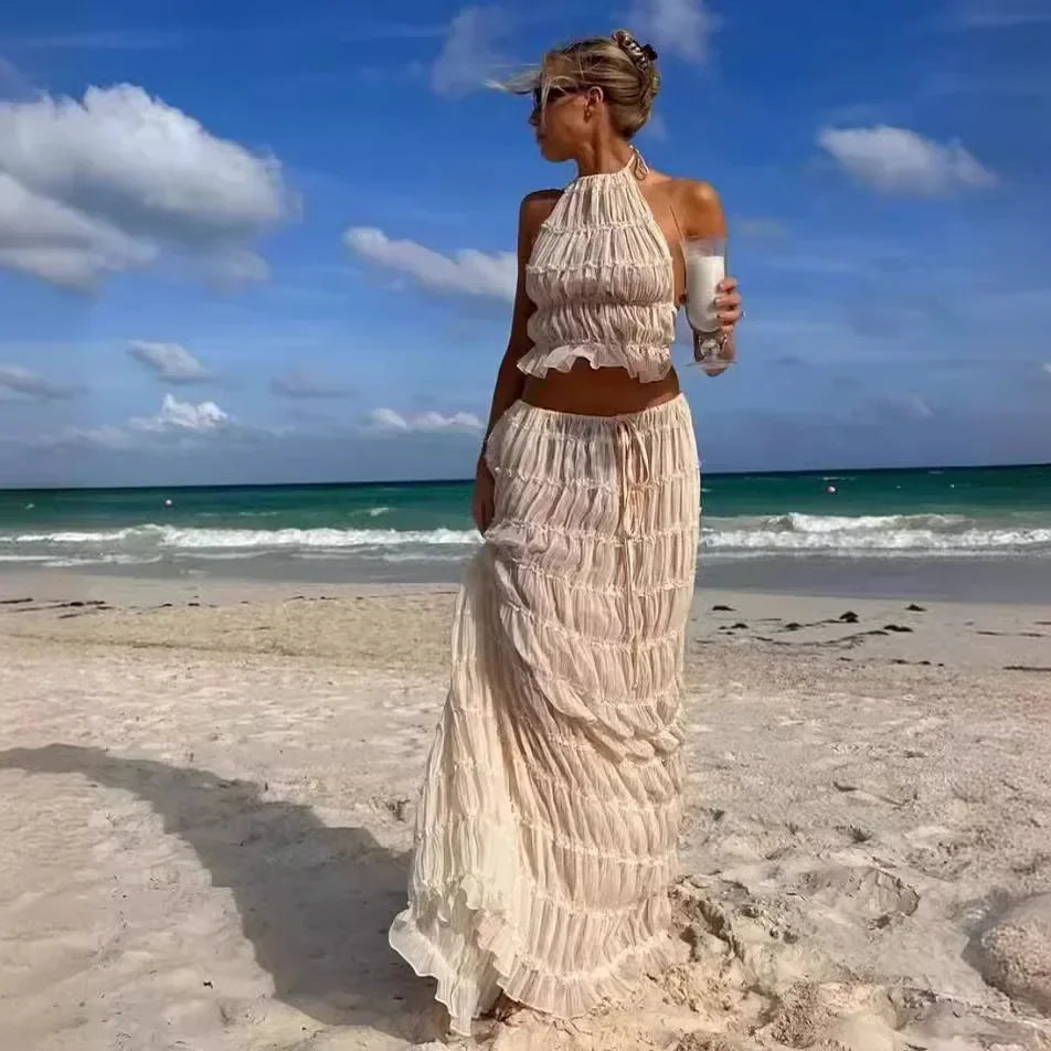 Summer New Sexy Halter Neck Pleated Lace Vest Dress Set for Women