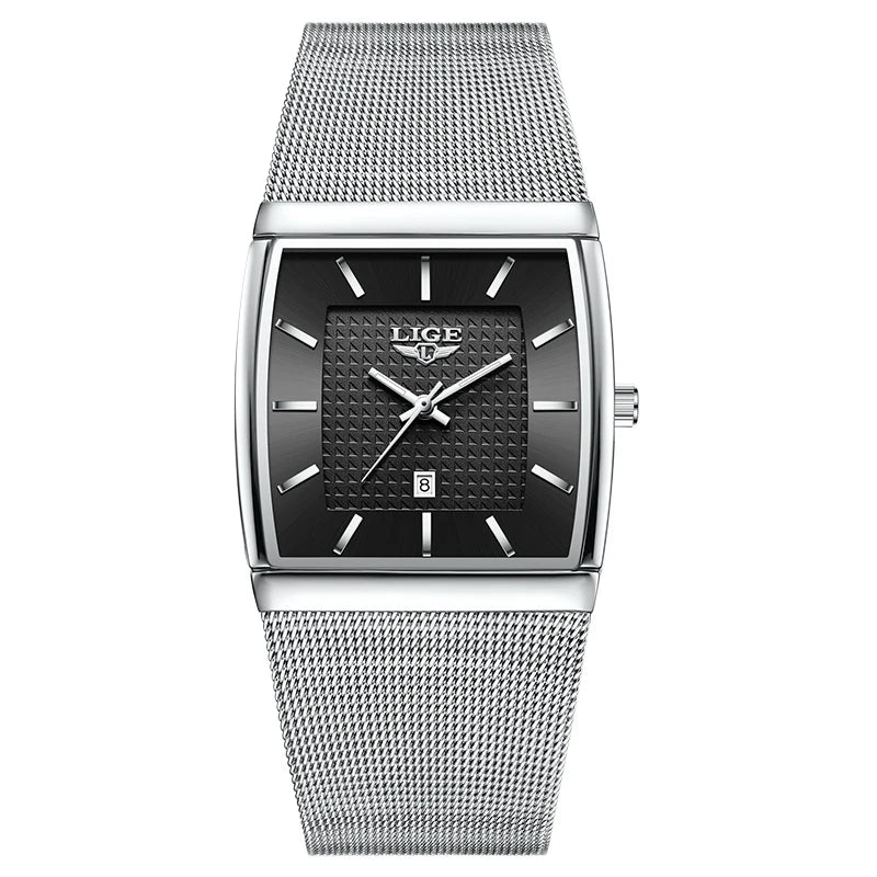 LIGE Top Luxury Watch For Men Stainless Steel Mesh Date Waterproof Luminous Man Wristwatch Casual Rectangle Quartz Men's Watches