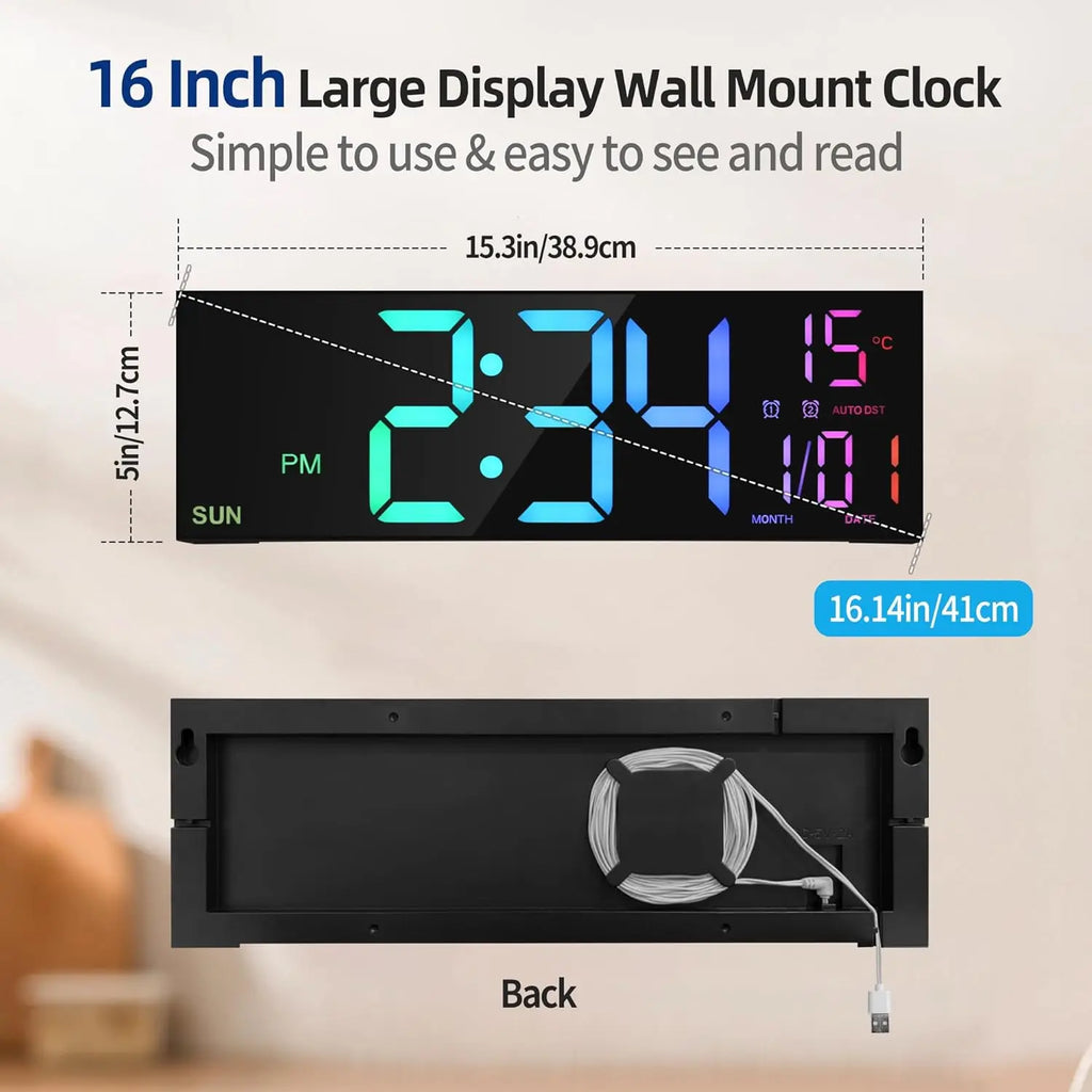 Büyük Dijital Duvar Saati | LED Ekran | Uzaktan Kumandalı | 8 RGB Renk | Çift Alarm