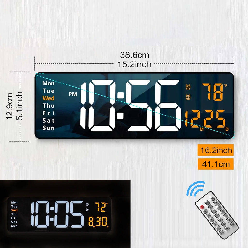 Büyük Dijital Duvar Saati | LED Ekran | Uzaktan Kumandalı | 8 RGB Renk | Çift Alarm