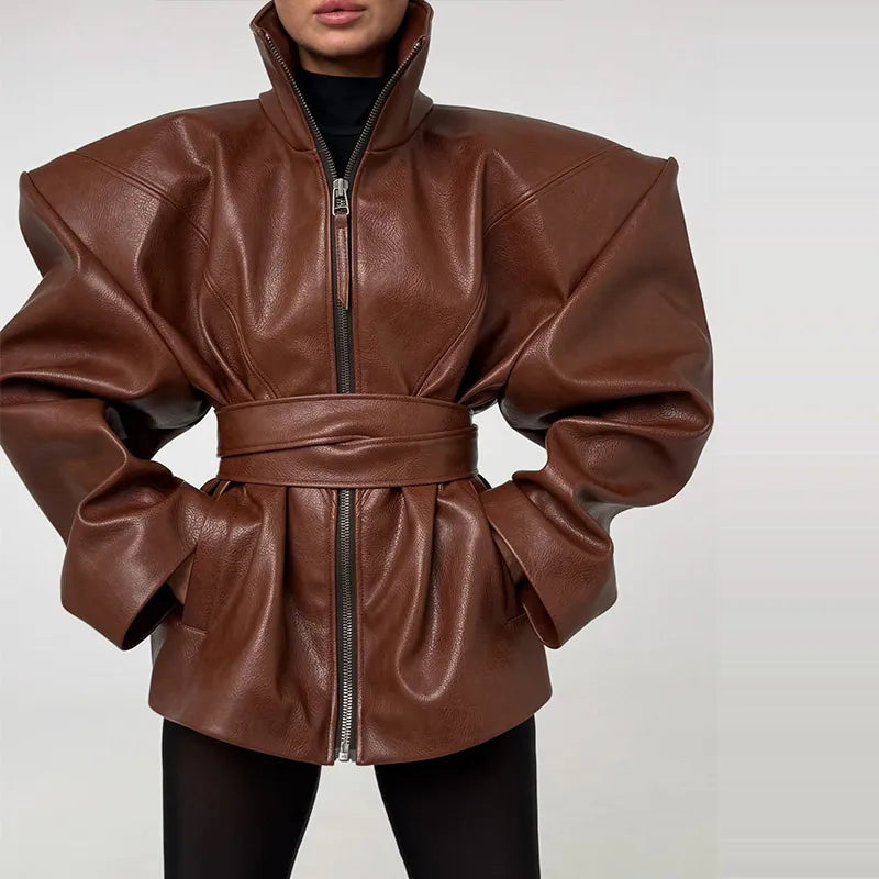 Casual Pu Leather Loose Women Jacket Belt Full Sleeve Stand Collar Zippers Female Coat 2026 Spring Autumn Lady Streetwears
