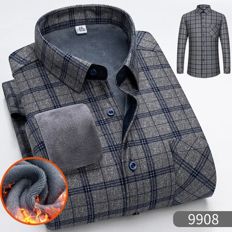 New 2025 Men's Warm Long Sleeve Plaid Design Shirt Autumn Winter Fleece and Thick Warm Men's Casual Shirts Large Size Shirt 5XL