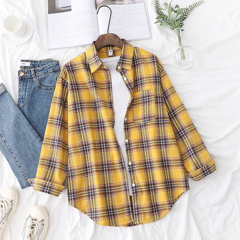 Fresh Flannel Plaid Shirt Women 2026 New Female Blouses and Tops Cotton Loose Long Sleeve Casual Shirts Fine Women's Clothes