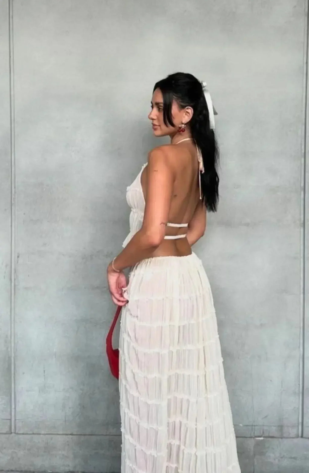 Summer New Sexy Halter Neck Pleated Lace Vest Dress Set for Women