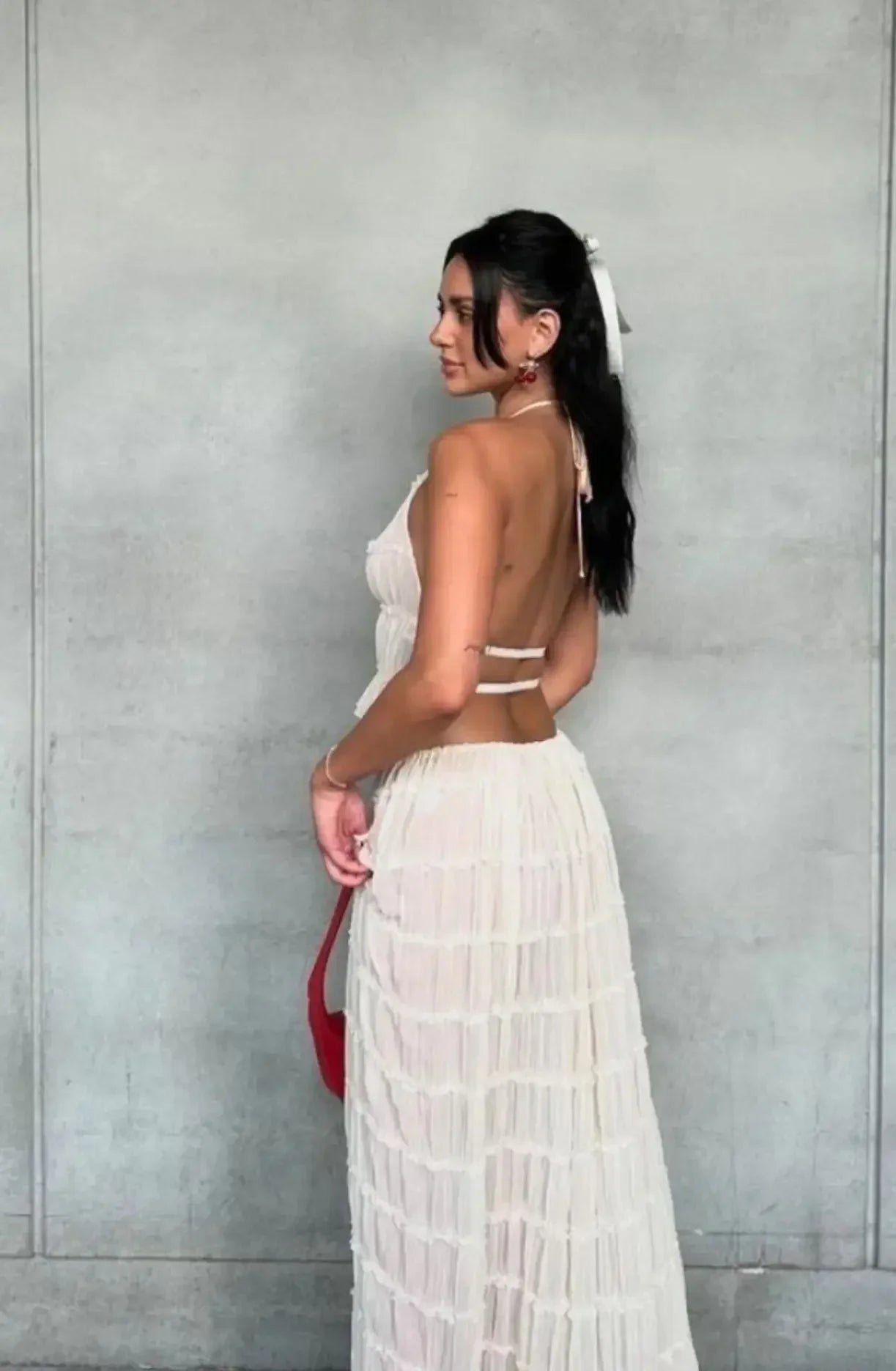 Summer New Sexy Halter Neck Pleated Lace Vest Dress Set for Women