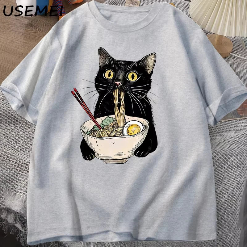Noodle Lamian Noodles Cat T-shirt Food Lover T-shirt Black Cat Noodle Printed Men's and Women's T-shirt Vintage Casual T-shirt