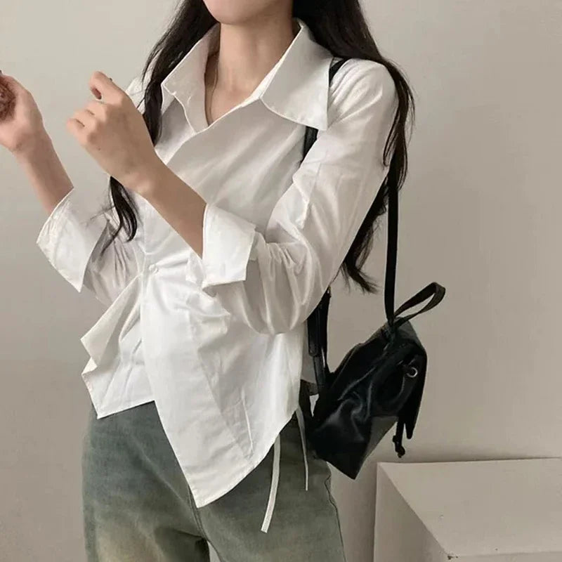 Korean Fashion Striped Shirts Women Long Sleeve Vintage Blouse Women Aesthetic Office Lady Irregular 2000s Female Tops New