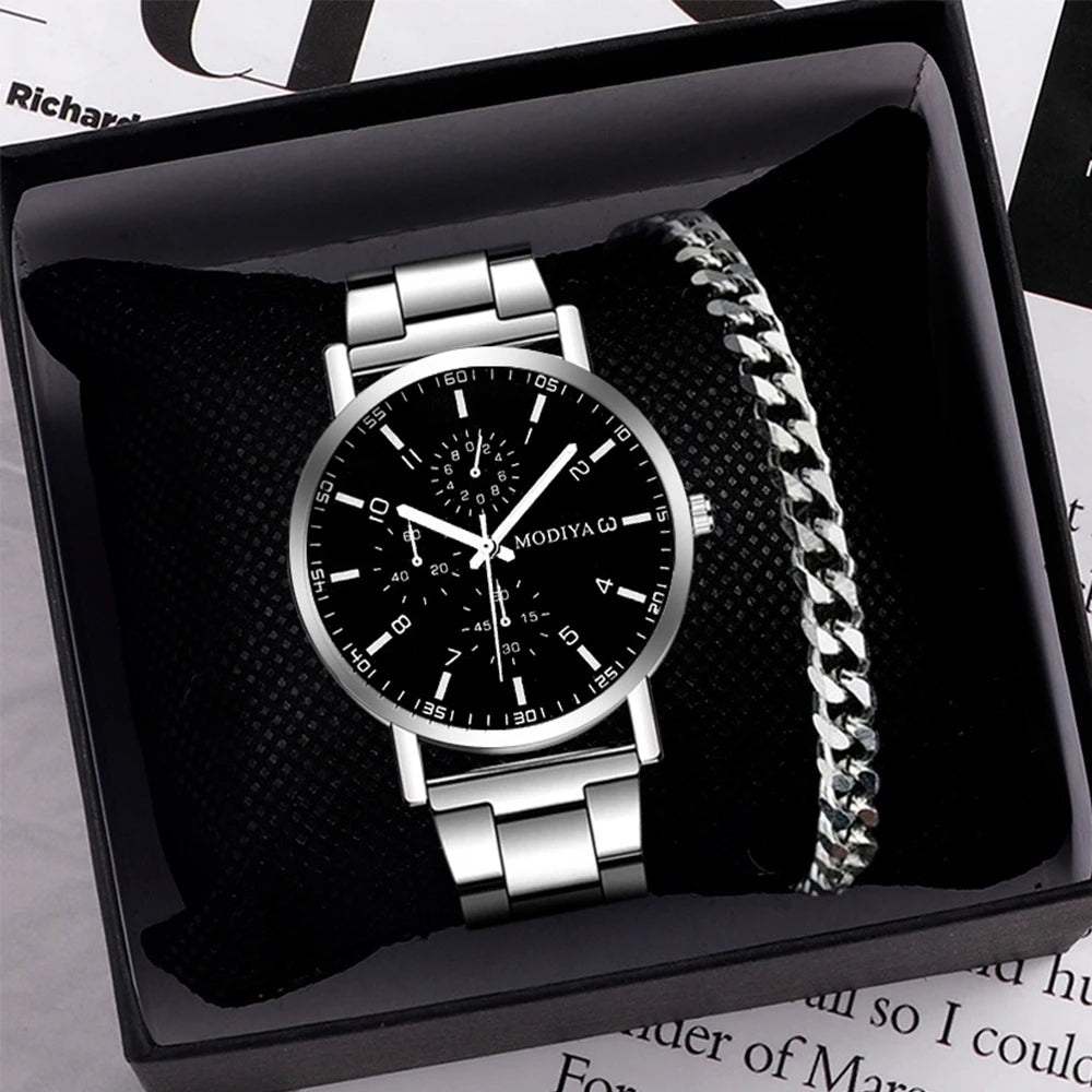 2PCS Men's Watch Casual Silver Alloy Band Male Quartz Watches Bracelet Set（Without Box）