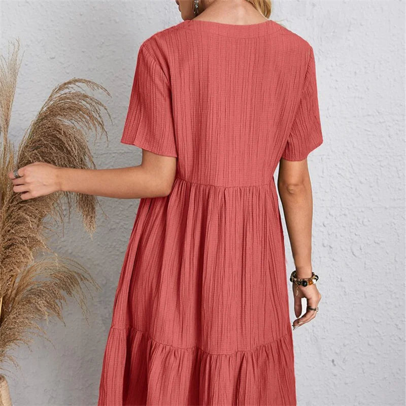Women Vintage Mini Dresses Summer Solid Casual V Neck Ruffles Dress Ladies Boho Loose Beach Party Elegant Dress Vestidos DF4912