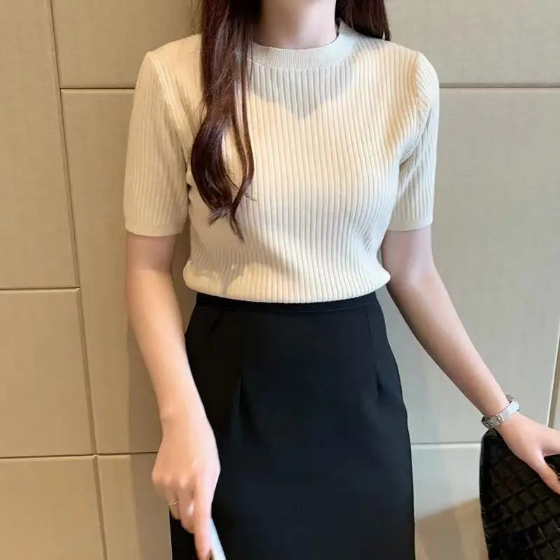 Knitted Sweater Women Pullovers New Black Short Sleeve Sueters De Mujer Knit Sweater Pullover Women Tops O-Neck Knitwears Q3426