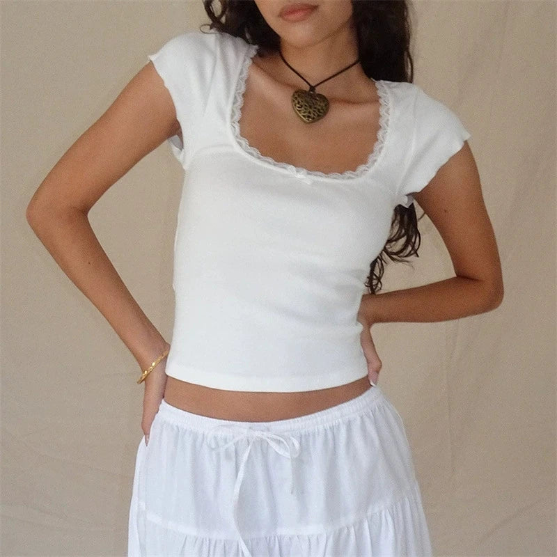 Kadın Vintage Bebek Tişörtü, Dantel Detaylı Örme Tişört, Beyaz Sütçü Kız Crop Top, Kısa Kollu Tişört, Yazlık, Y2K