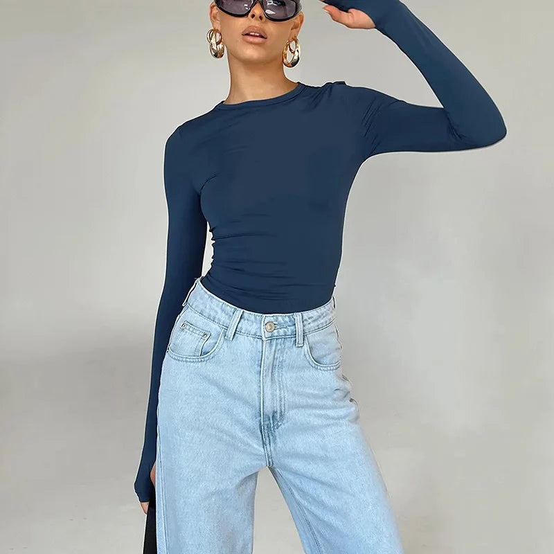 Moda Kadın Tişört Uzun Kollu Bisiklet Yaka Düz Renk Dar Kesim Bayan Crop Top Günlük Sokak Giyimi Yazlık Atlet Başparmak Delikli