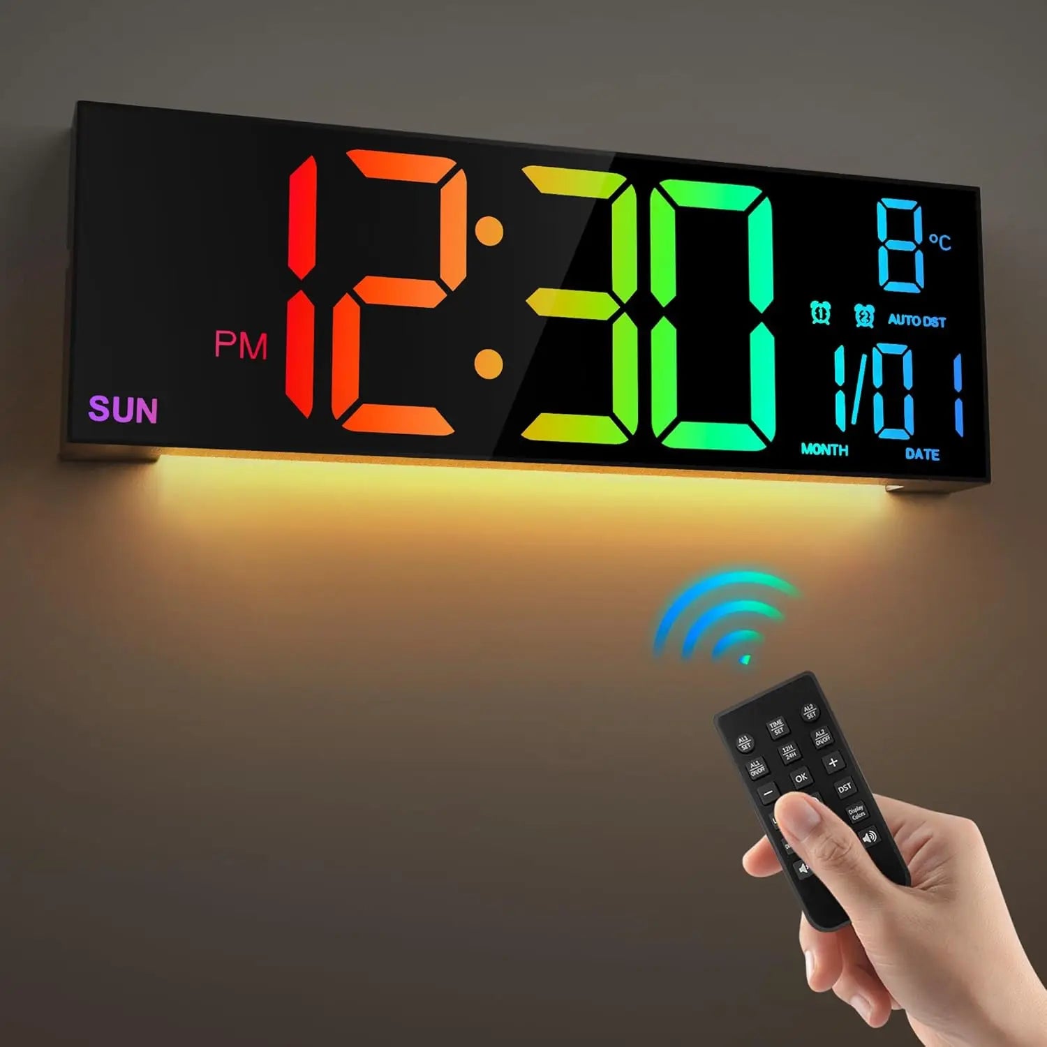 Büyük Dijital Duvar Saati | LED Ekran | Uzaktan Kumandalı | 8 RGB Renk | Çift Alarm