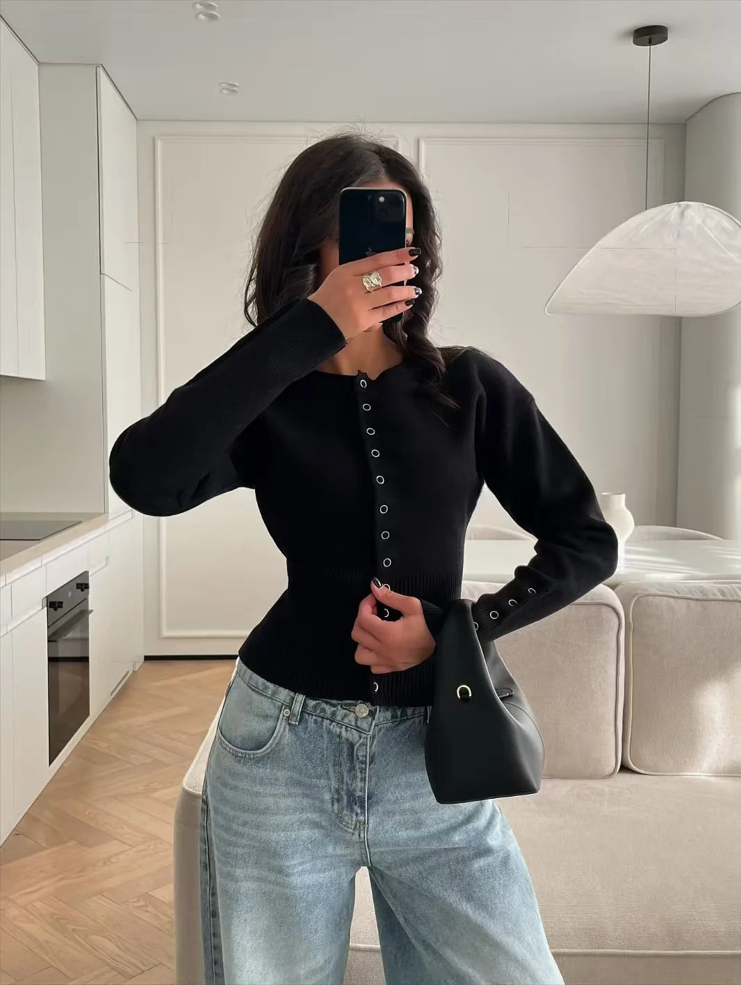Women Knitted Cardigan Sweaters Solid Short Jumpers Round Neck Long Sleeves Single Breasted Empire Waist Slim 2026 Autumn Winter