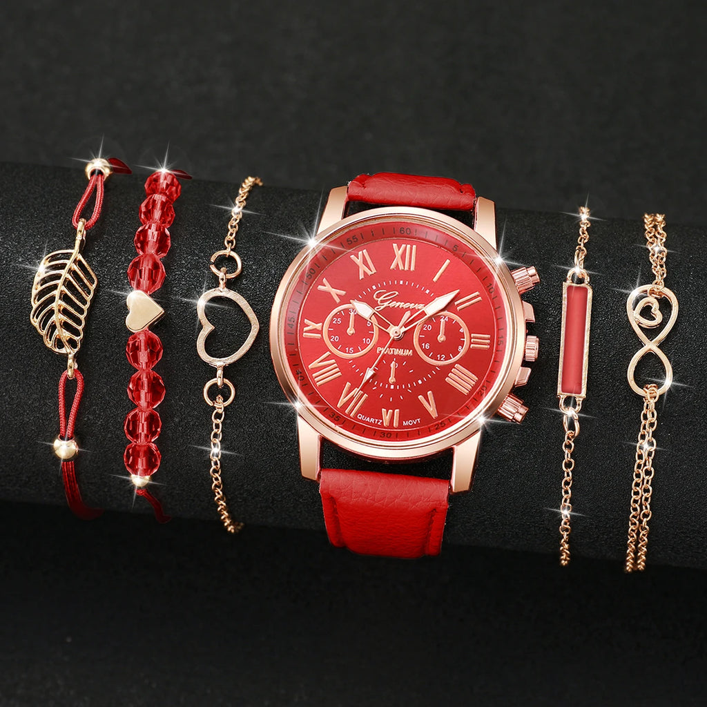 Surprise Mystery Watch Set Blind Box- 6PCS Fashion Women Watches Bracelets Set Casual Leather Band Wristwatches（Without Box）