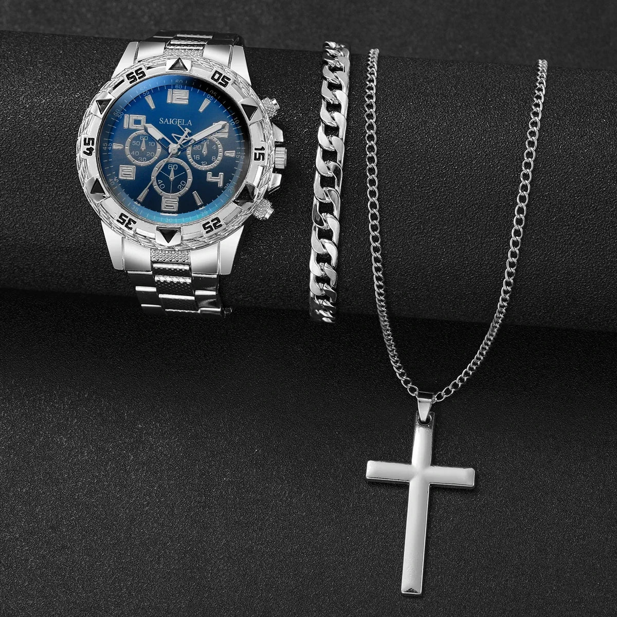 3PCS/Set Fashion Large Dial Men's Quartz Watch Luxury Men Business Watches Necklace Bracelet Set Relogio Masculino（Without Box）