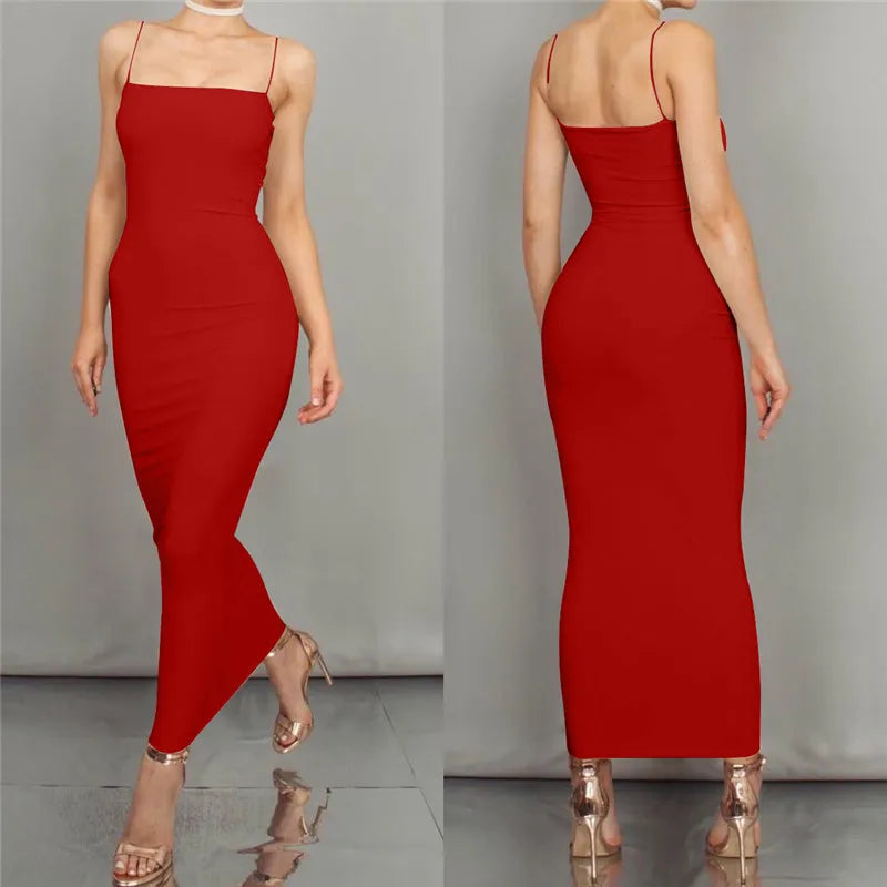 Seksi Sırt Açık Askılı Bodycon Maxi Parti Elbisesi - Y2K Vintage Siyah