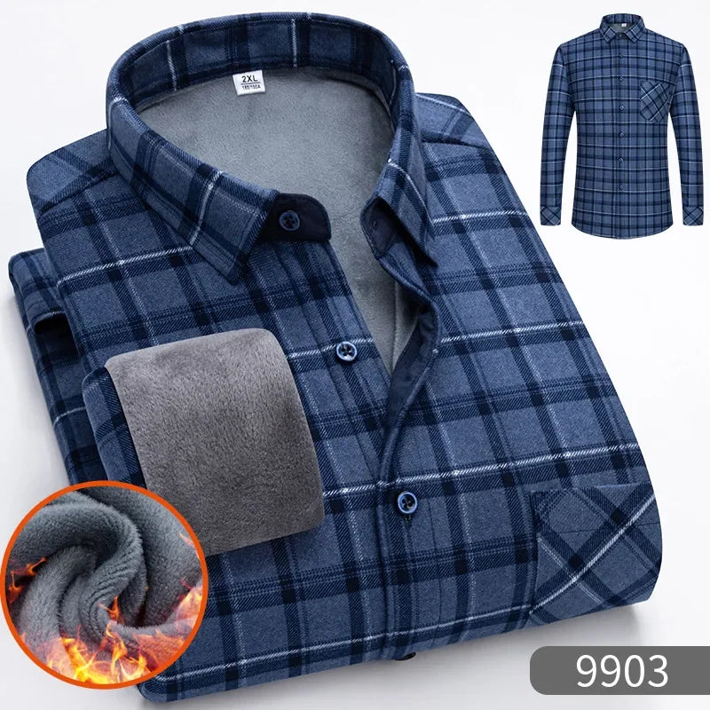 New 2025 Men's Warm Long Sleeve Plaid Design Shirt Autumn Winter Fleece and Thick Warm Men's Casual Shirts Large Size Shirt 5XL