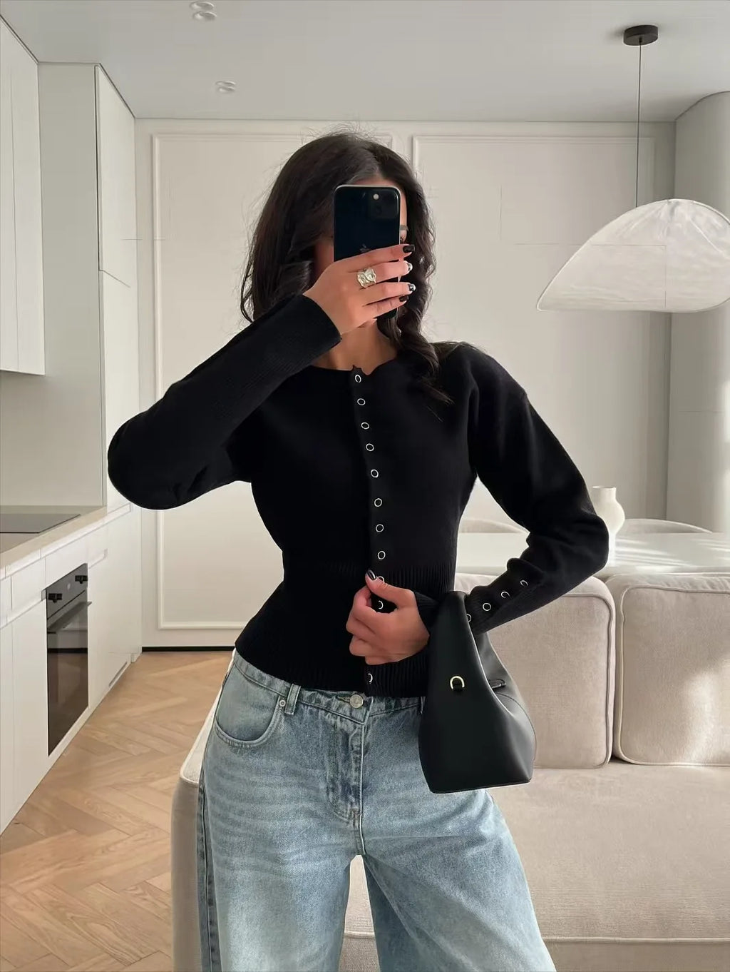 Women Knitted Cardigan Sweaters Solid Short Jumpers Round Neck Long Sleeves Single Breasted Empire Waist Slim 2026 Autumn Winter
