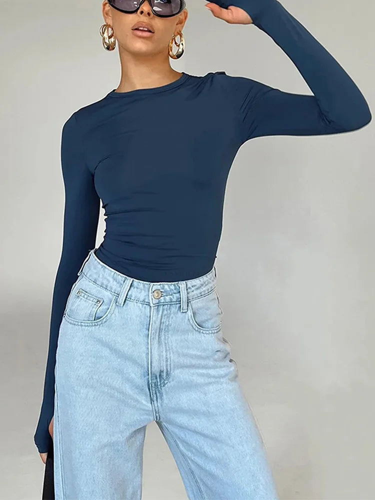 Moda Kadın Tişört Uzun Kollu Bisiklet Yaka Düz Renk Dar Kesim Bayan Crop Top Günlük Sokak Giyimi Yazlık Atlet Başparmak Delikli