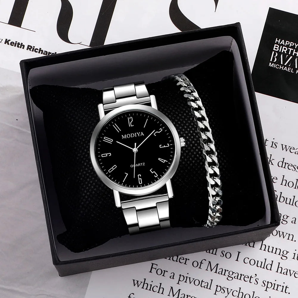 2PCS Men's Watch Casual Silver Alloy Band Male Quartz Watches Bracelet Set（Without Box）